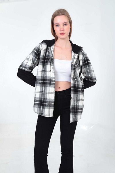 Sporting Women's White Black Snap Detailed Lumberjack Shirt Sweatshirt