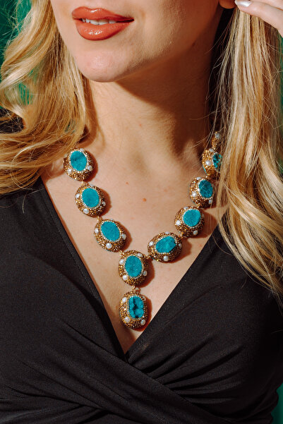 Natuur Collection Beline El Yapımı Aquamarine Ve Incili Doğal Taş Süslemeli Altın Kaplama Lüks Özel Tasarım Kolye