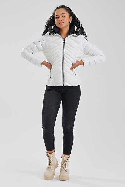 Rodi Jeans White Slim Fit Hooded Women's Coat - Stand Collar