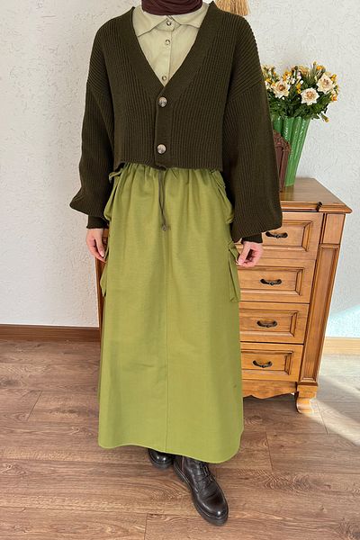 Ceylan Otantik Khaki Balloon Sleeve Knit Cardigan