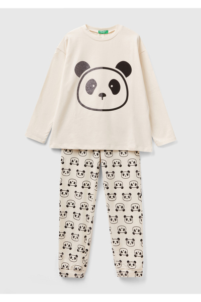 United Colors of Benetton Kız Çocuk Krem Panda Desenli Pijama Takımı
