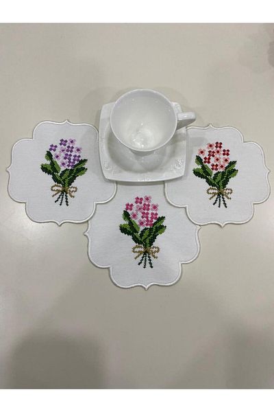 İNCİ ÇEYİZ 3 Pieces Canvas Flower Bouquet Patterned Embroidered Coffee Side Cocktail Napkin & Coasters