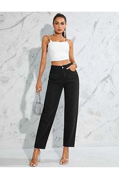 Trn JNS Μαύρο ύφασμα που δεν ξεθωριάζει Lycra Mom Jeans