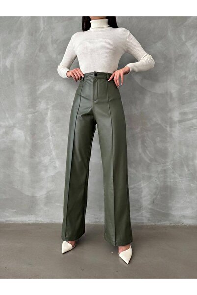 FMB Ticaret بنطال جلدي واسع الساق بأزرار