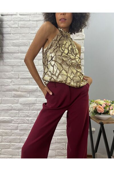 ROZALLİNİ Halter Yaka Payetli Bluz