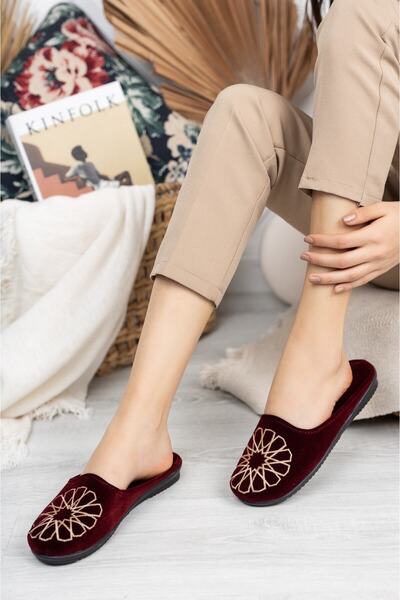 Modafırsat Vínové dámské chetitské domácí pantofle Zimní vnitřní měkká podrážka Pohodlné pantofle Vyšívané pantofle s věnem