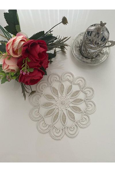 İNCİ ÇEYİZ 6 Pieces Floral Patterned Dream Tulle Embroidered Coffee Side Serving Napkin & Coaster