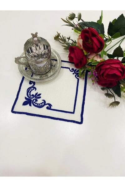 İNCİ ÇEYİZ 6 قطع من منديل الكوكتيل المطرز من قماش الكتان وقاعدة أكواب