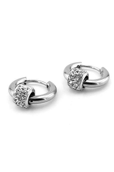 Solfera Shiny Rhinestone Hoop Silver Color Stainless Steel Men's Women's Earrings ER030