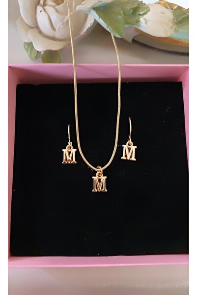 Asia by Leuvoié Minik M Harfli Altın Kaplama Kolye ve Küpe Seti