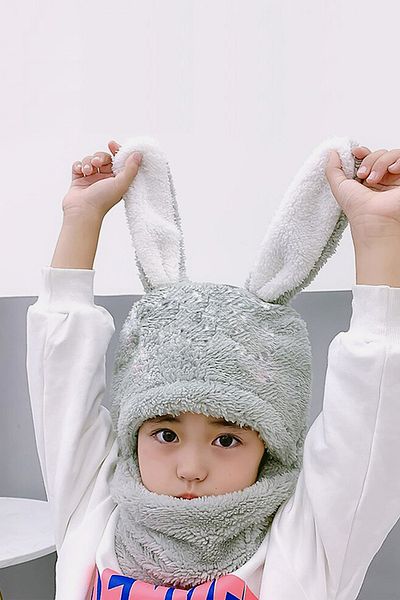 Nurnivus Rabbit Kids Plush Beanie Scarf Thermal Hooded Neck Collar Windproof Hat with Ears