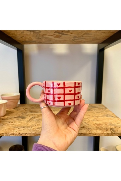 Kalpli Kareli Kulplu Pembe Fincan