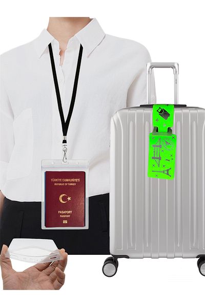 Gempo 4 Piece Travel Anti Lost Set, 1 Passport Cover with Lock Strap and 3 Neon Suitcase Luggage Tags