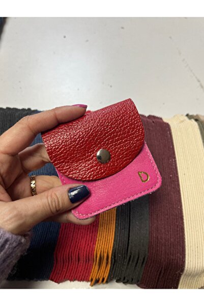 Pinkylola D Harfli -kare Model Vintage Krmızı & Pembe Hakiki Deri ,mini Bozuk Para Cüzdanı .airpod, Kılıfı