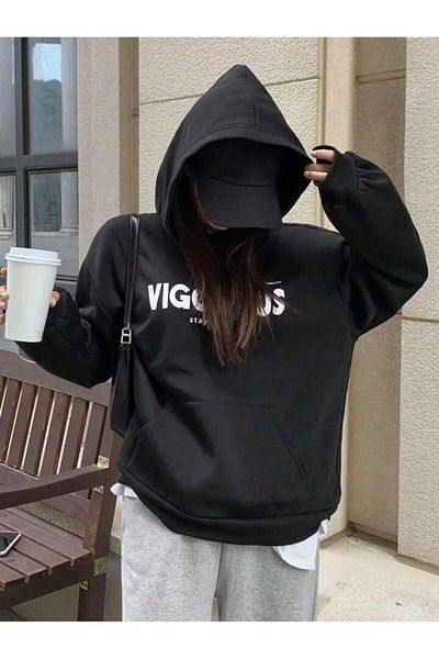 Khione Hanorac cu glugă oversize, unisex, imprimat viguros, negru