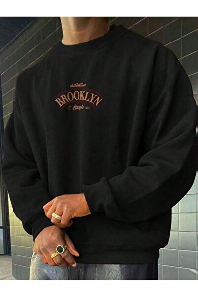 Khione سويت شيرت بقلنسوة برقبة دائرية كبيرة الحجم مطبوع عليه بروكلين للجنسين