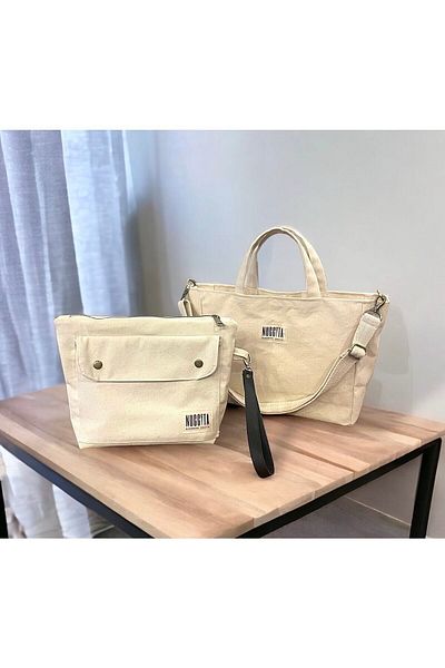 Nuggita Medium Size Raw Linen Canvas Crossbody Handbag and Organizer / Clutch Set