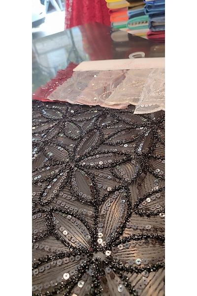 River Fabrics Sequin-Stone Evening Dress Fabric Powder