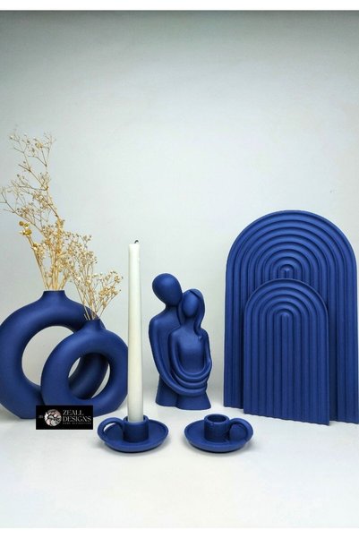 ZEALL DESIGNS Mat Lacivert Seramik Set - 2'li Halka Vazo 2'li Kısa Fincan Mum...