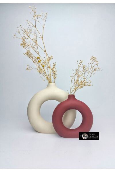 ZEALL DESIGNS Dekoratif Seramik Mat Kiremit-mat Bej 2'li Halka Vazo Set
