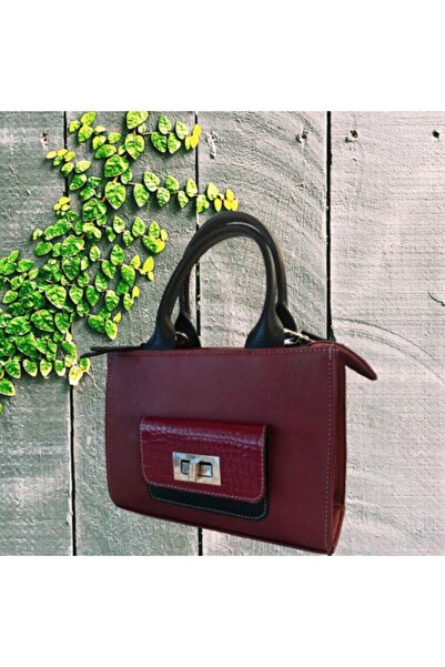 Pinkylola Mini Balerin Model Hakiki Deri Bordo & Siyah Hakiki Deri Mini Çanta