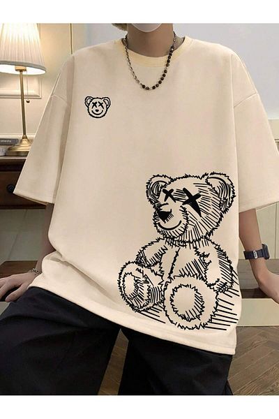 MAGORS Unisex Oversize εμπριμέ βαμβακερή λαιμόκοψη κοντό μανίκι μπεζ μπλουζάκι