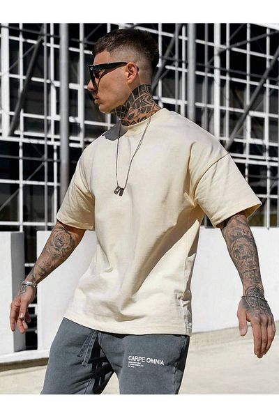 MAGORS Unisex Oversize εμπριμέ βαμβακερή λαιμόκοψη κοντό μανίκι μπεζ μπλουζάκι