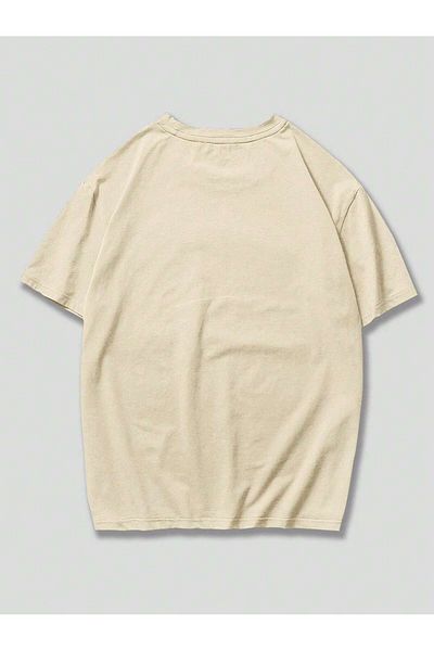 MAGORS Unisex Oversize εμπριμέ βαμβακερή λαιμόκοψη κοντό μανίκι μπεζ μπλουζάκι