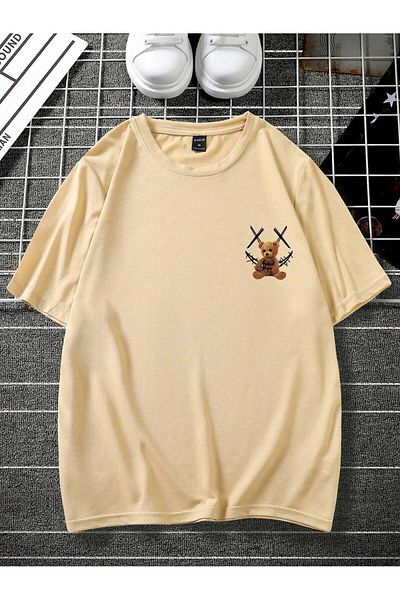 MAGORS Unisex Oversize εμπριμέ βαμβακερή λαιμόκοψη κοντό μανίκι μπεζ μπλουζάκι