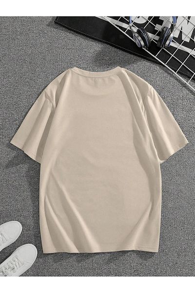 MAGORS Unisex Oversize εμπριμέ βαμβακερή λαιμόκοψη κοντό μανίκι μπεζ μπλουζάκι