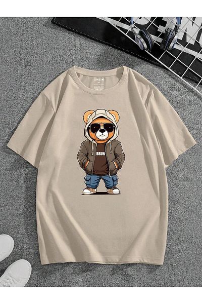 MAGORS Unisex Oversize εμπριμέ βαμβακερή λαιμόκοψη κοντό μανίκι μπεζ μπλουζάκι