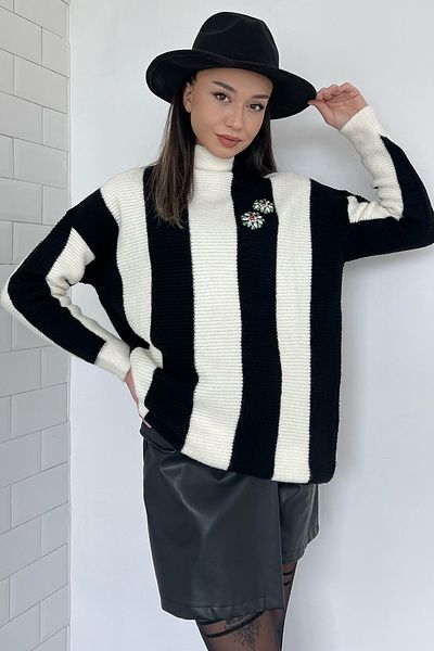 GÜLSELİ Pulover tricotat tricotat de damă, negru crem, cu jumătate de gât țesut, blocat de culoare, brodat cu piatră