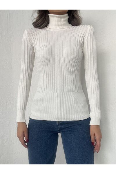 Erşan Giyim Ribbed Turtleneck Lycra Sweater Ecru