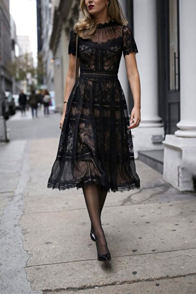 Arden Kısa Abiye Elbise, Dantel Midi A-line Etek, Kısa Kol Mezuniyet Elbisesi, Düğün, Nikah, Nişan, 36-46