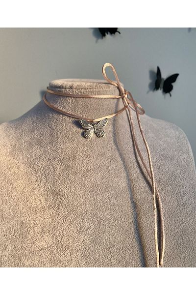 Pinky Lady string butterfly choker necklace