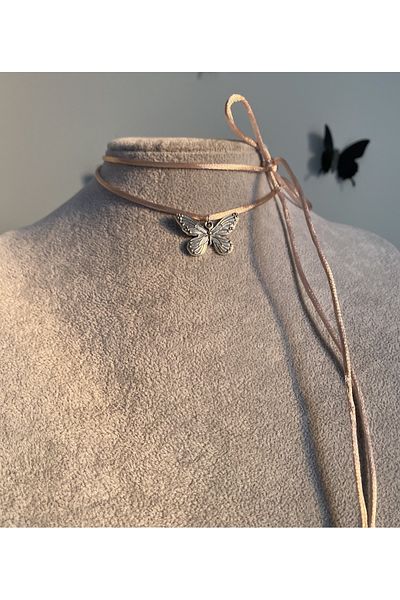 Pinky Lady string butterfly choker necklace