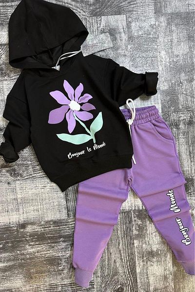 Riccotarz Girl's Text and Floral Printed Sweatshirt Hooded Lilac Tracksuit Set