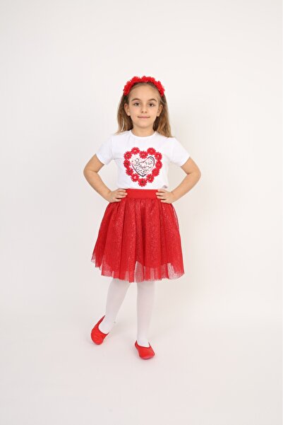 Dıgıl Kids Kız Çocuk Takım Kostüm Taç Kırmızı Kalp Badi Tütü Etek Gösteri 23 Nisa