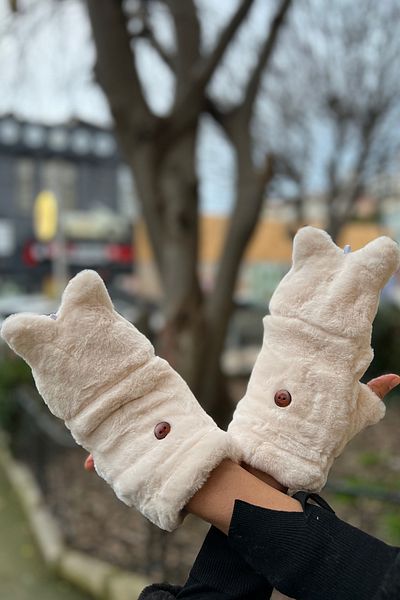 novon Premium Plush Gloves with Cute Cat Design and Fur Cover Buttons Inside