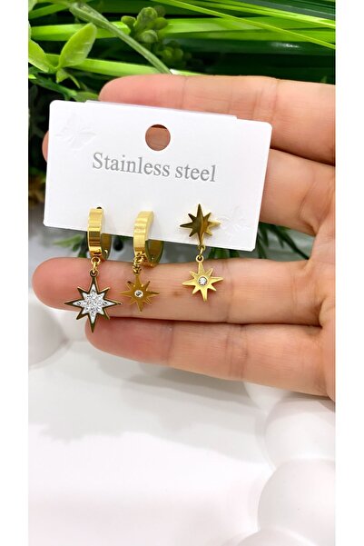 JustGAF مجموعة أقراط ثلاثية من الفولاذ على شكل نجمة قطبية ذهبية اللون