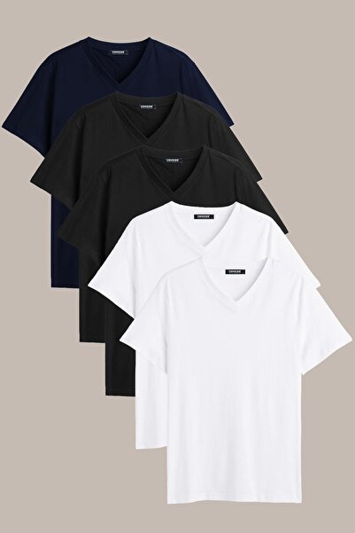 COMEOR Erkek Çok Renkli %100 Pamuk T- Shirt Regular Fit Rahat Kesim V Yaka 5'...