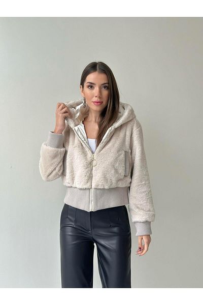 SEDA FİDAN Ribbed Hooded Plush Coat Stone