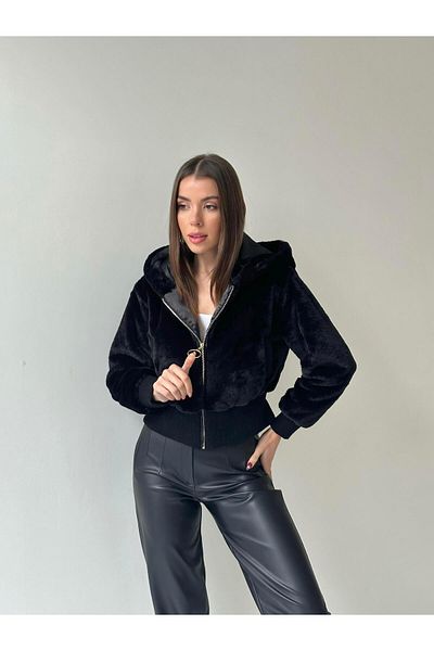 SEDA FİDAN Ribbed Hooded Plush Coat Black