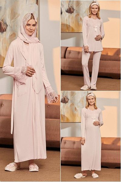 ByLohusa Mecit Pink Pregnant Puerperal Set with Hijab 1924