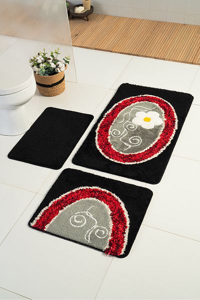 Moda Dekor Ακρυλικό Çisil Μαύρο-μπορντό 60x100 - 60x50 - 50x40 cm Χαλάκι μπάνιου 3 τεμαχίων