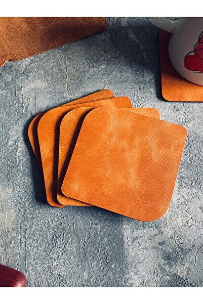 BRETYA 4 Adet Hakiki Deri Oval Bardak Altlığı - Camel