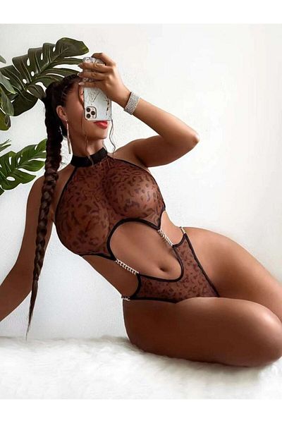 NİMSE LOVE Γυναικεία Leopard Sexy Fancy See-through Boddysuit με λεπτομέρεια αλυσίδας Σέξι
