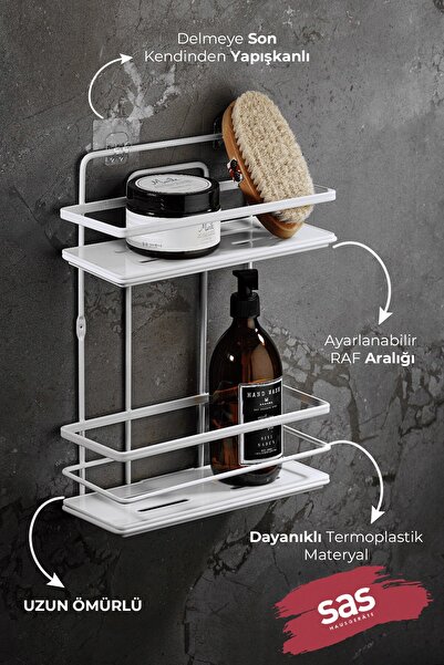 Sas Haus Ράφι ντους μπάνιου με αυτοκόλλητο 2 επίπεδα – Ρυθμιζόμενο κρυστάλλινο ράφι (κόλληση/βίδα) Λευκό-Λευκό