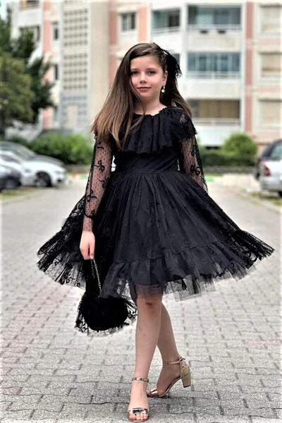 ABİYEKİDS Rochie de seara pentru copii din dantela neagra cu geanta pentru va...