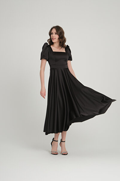 meksila kadın kare yakalı balon kollu kısa midi boy astarlı saten kloş abiye